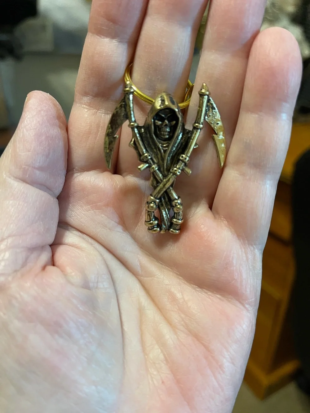 Reaper Skull Double Scythe Pendant Keychain.Antique Gold Tone NWOT